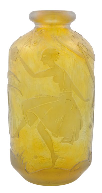 A Duam et Nancy ~ Late Art Nouveau cast and etched yellow vase ~ France ~1920