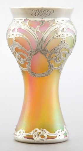 205: Loetz Silver Overlay Vase Silver, iridescent glass on