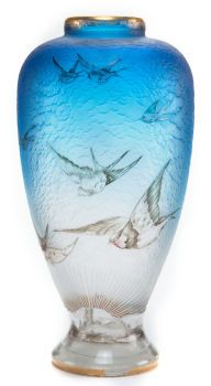 Art Glass:Galle, DAUM ETCHED AND ENAMELED GLASS HIRONDELLES VASE . Sky blueglass...