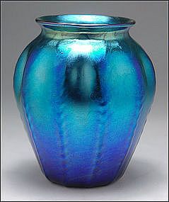 Art Nouveau Blue-Iridescent Peacock Color, Ribbed Vase,1920s; Tiffany.