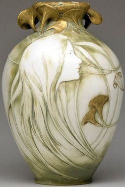 Kessell & Stellmacher, tall and fine Art Nouveau vase, delicate maiden in profil...