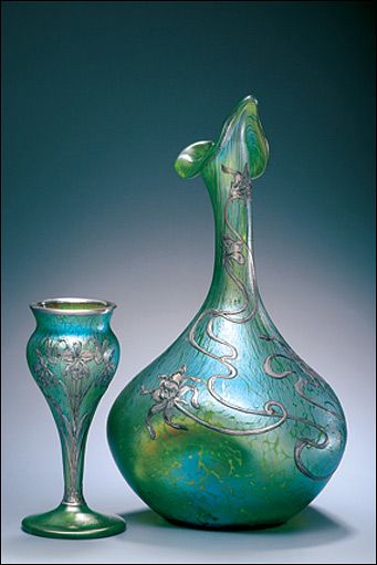 Loetz (attrib.) Vase and Rosewater Sprinkler, c.1900, Glass, silver (Anderson Co...