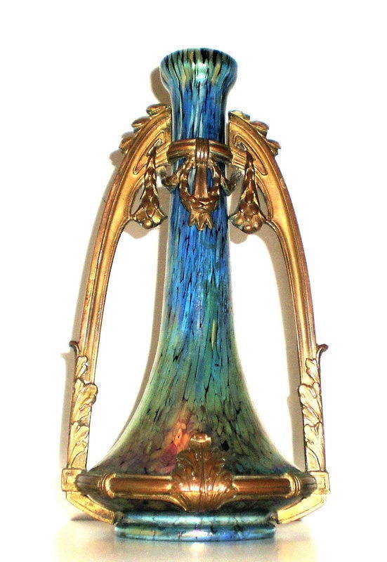 Loetz Papillon Art Glass Vase in Metal Mount...