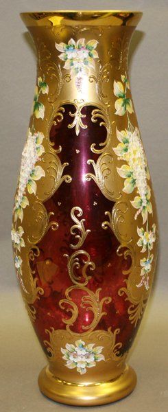 MOSER STYLE GLASS VASE, CIRCA 1950, H 20", DIA 9":With fire gold and r...
