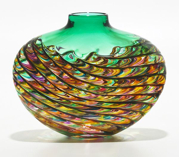 Optic Rib Flat Low Vase in Candy with Emerald: Michael Trimpol