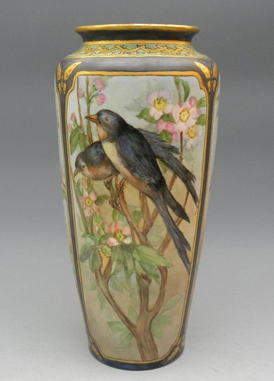 Tall Art Nouveau Limoges Vase with Bird Painting