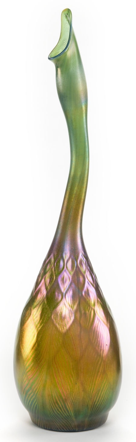 TIFFANY STUDIOS FAVRILE GLASS VASE  Favrile glass peacock-patterned goose-neck v...
