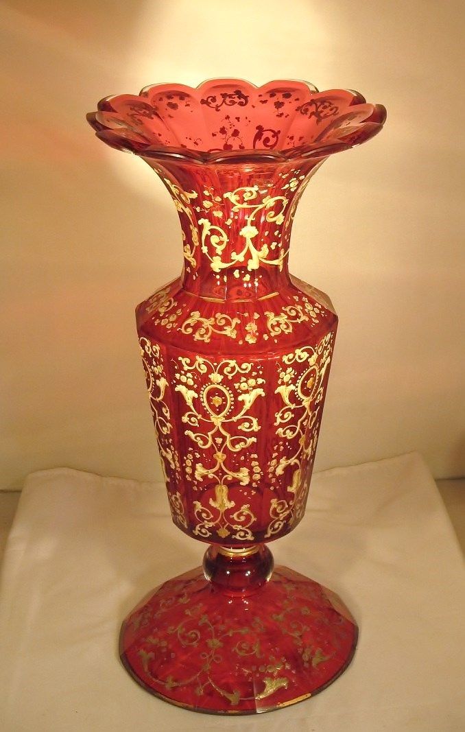 Victorian Moser Ruby Enamel, Overlay, Cut To Clear Glass Vase, Hand Blown, Wheel...