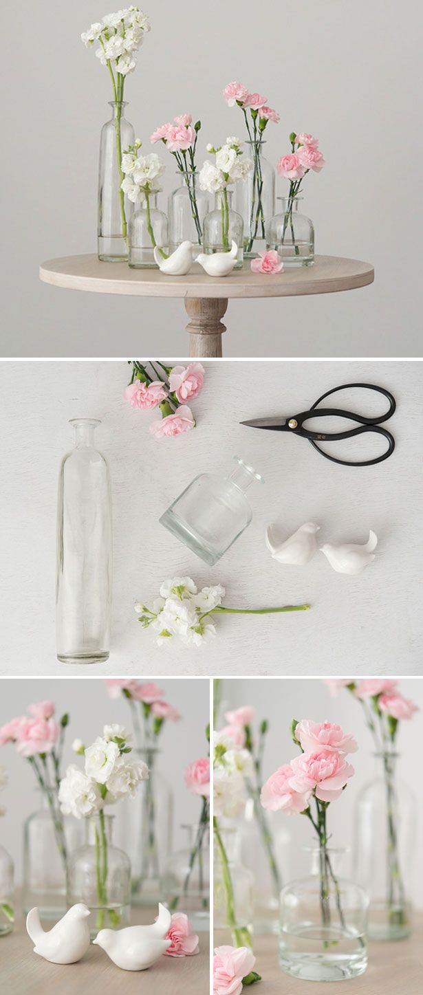 DIY Glass Bottle Set centrepiece | Confetti.co.uk | #wedding, #DIY | Bird | Pink...