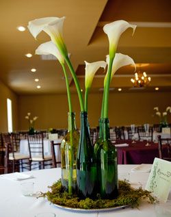 Honey Buy: Color of wedding-green - With glass vases instead of wine bottles and...