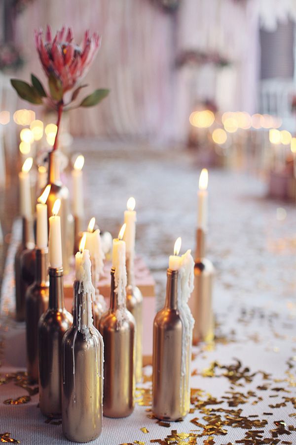 painted gold bottles as candle holders,  DIY wedding planner with di wedding ide...