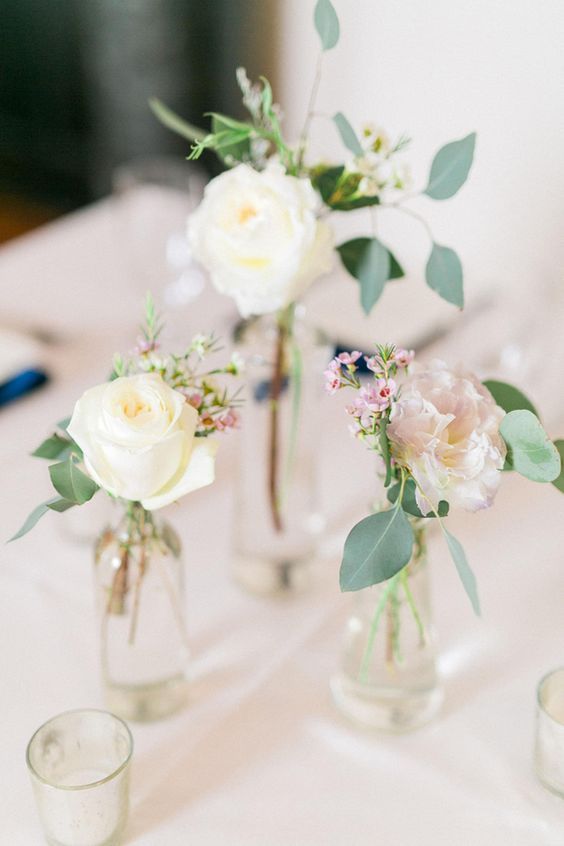 Simple floral centerpieces, jars with cream roses, wildflowers // Catherine Ann ...