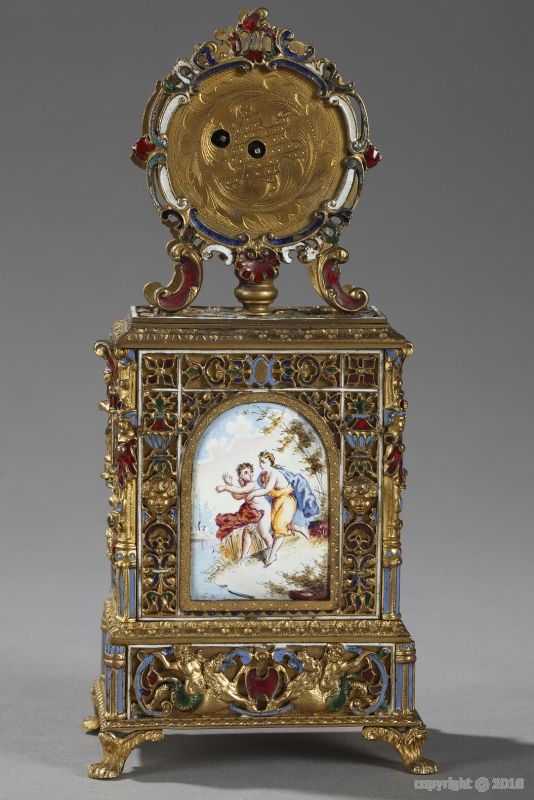 19th century Vienna gilded brass enameled clock