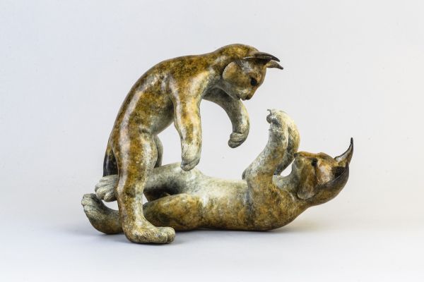 Bronze Cats sculpture by artist Eddie Hallam titled: 'Lynx Kittens at Play&#...