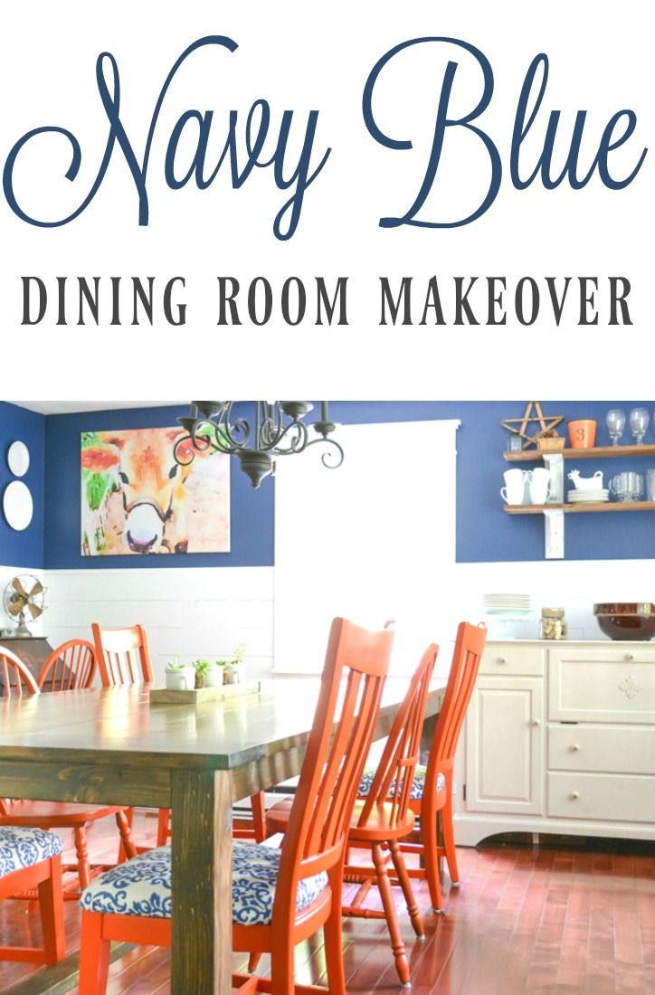 This is an amazing dining room makeover with navy blue walls and fabulous wood a...