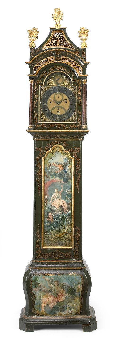Antique parcel gilt paint decorated musical tall case clock by Percival Mann, Lo...