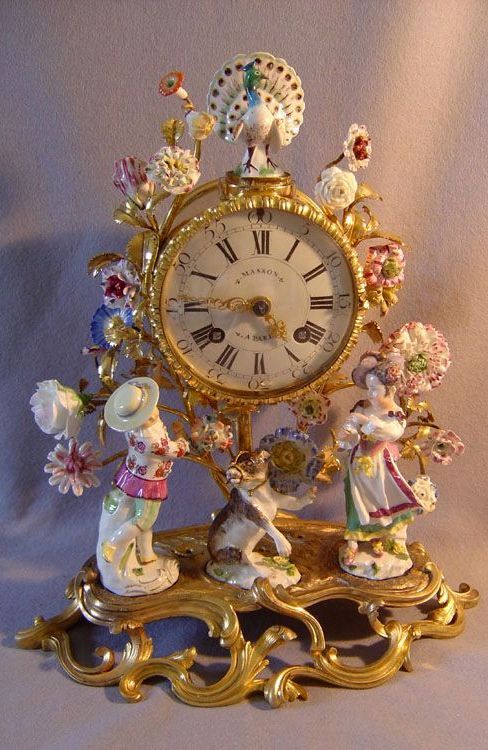 Fine antique 18th century ormolu & Meissen porcelain mantel clock signed Masson ...