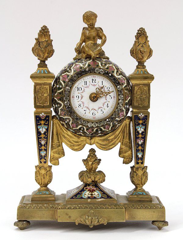French gilt bronze and champleve enamel decorated carriage clock