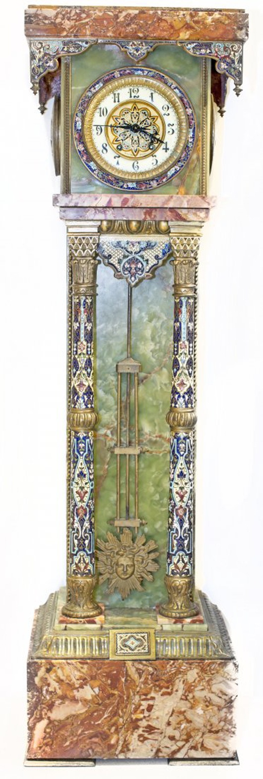 Louis XV-style gilt-bronze and champleve enamel mounted onyx and marble tall-cas...