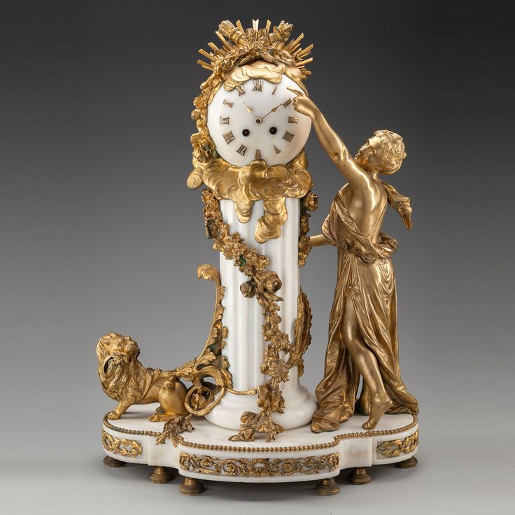 Louis XVI style gilt bronze and marble figural mantel clock ca. late 19th centur...