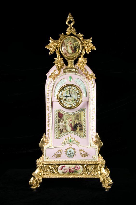 Pink Porcelain Rose Clock with Golden relieved edges
