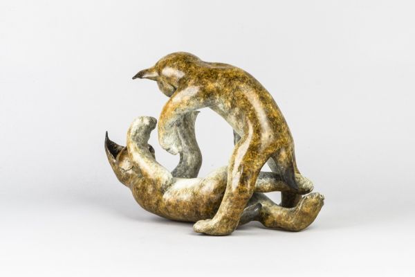 Bronze Cats sculpture by artist Eddie Hallam titled: 'Lynx Kittens at Play&#...