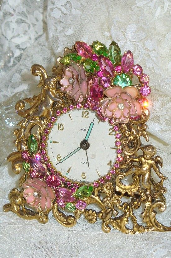 A Vintage Antique Bejeweled Matson Alarm Clock Pink & Green By Debbie Del Rosari...