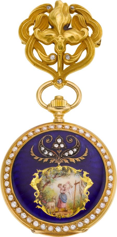 Pendant , Longines Gold & Enamel Pendant Watch With Pin, circa 1905
