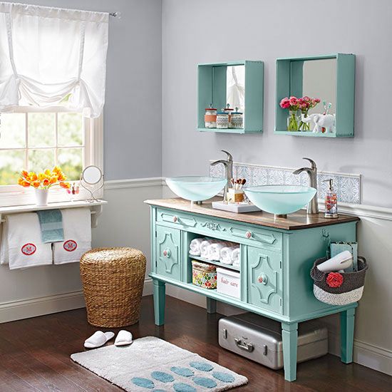 With a little TLC, this dining room buffet easily transformed into a double-sink...