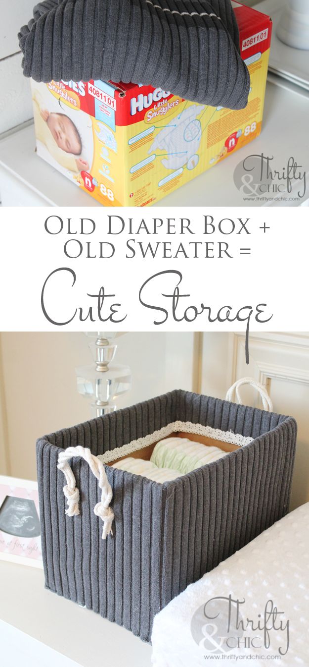 Cute storage boxes made from old boxes and sweaters!