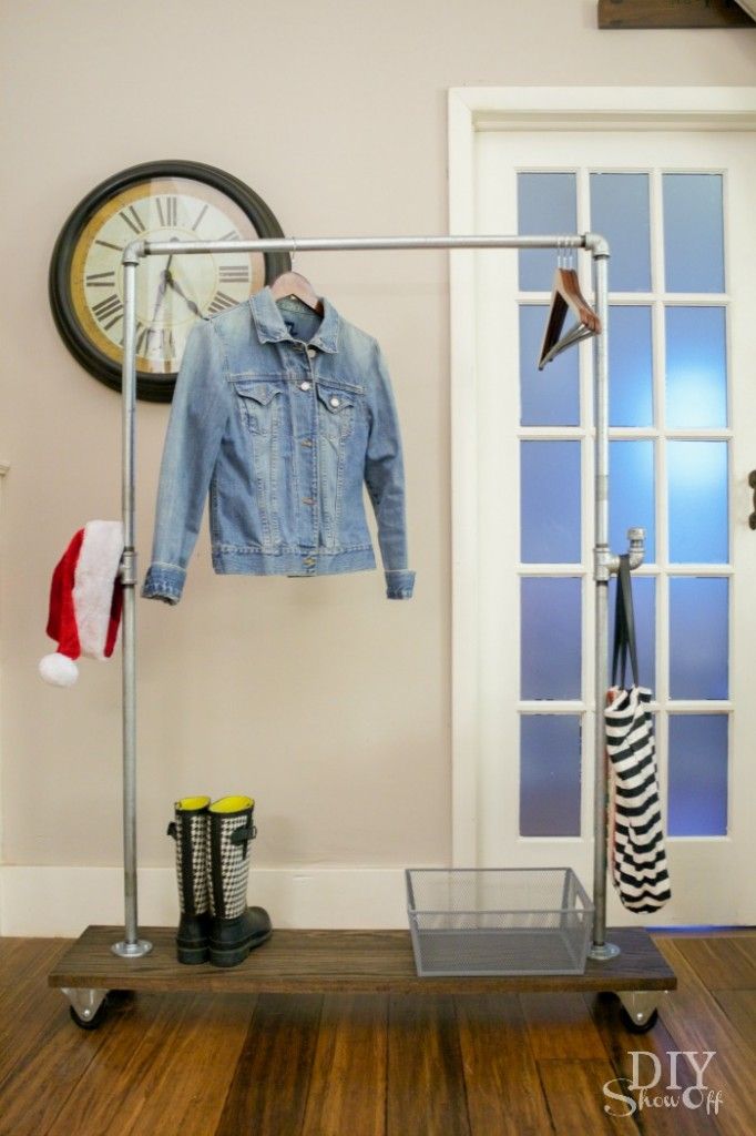 DIY galvanized pipe and wood mobile coat rack on casters DIY Show Off #lowescrea...