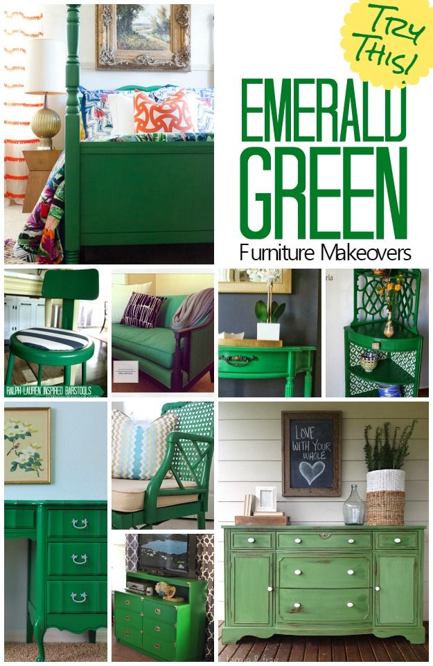 Gorgeous furniture makeovers featuring the color emerald green. Try painting a b...