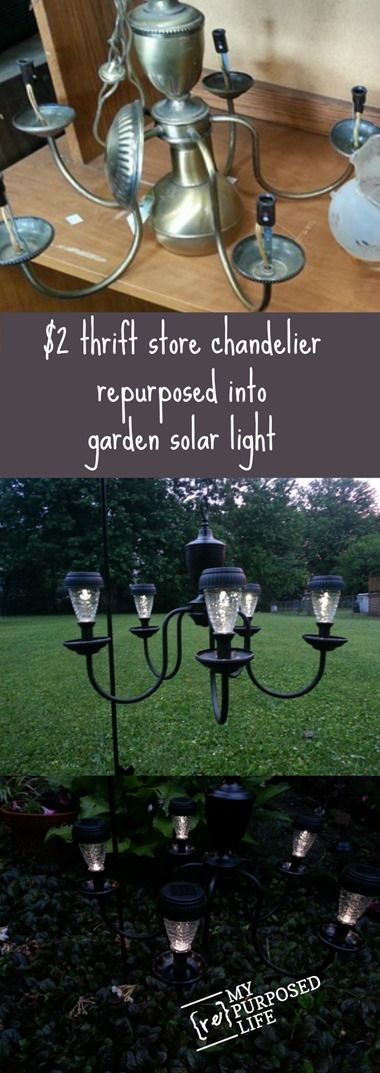 I Love this thrift store chandelier repurposed into a patio or garden solar ligh...