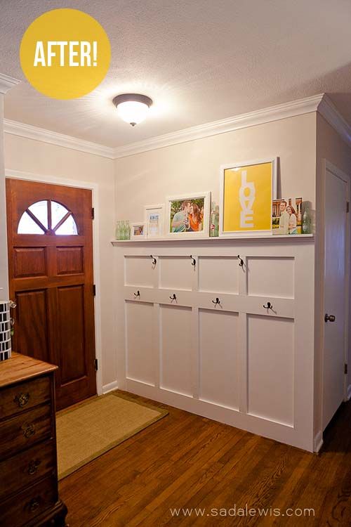in narrow entryway - skip the shelf/bench portion and just use a ledge for art a...