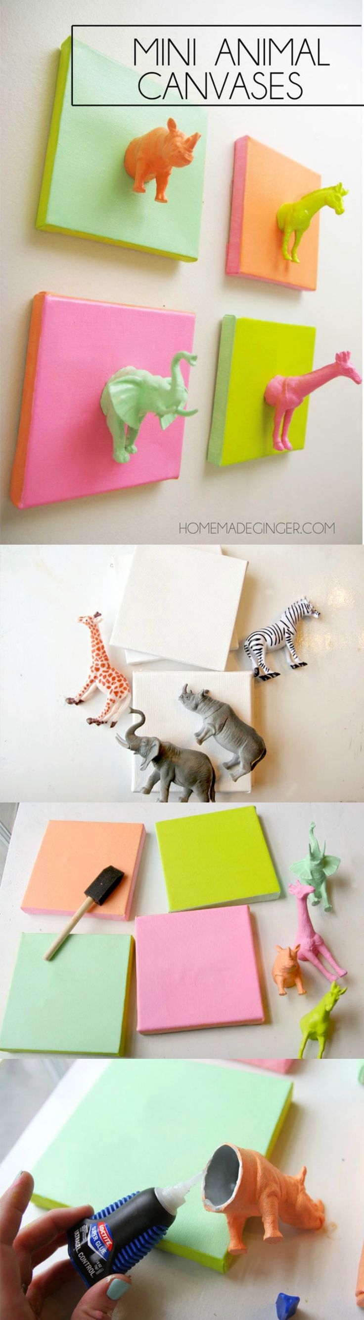 This cute DIY canvas project made with plastic animals is such a fun and easy id...