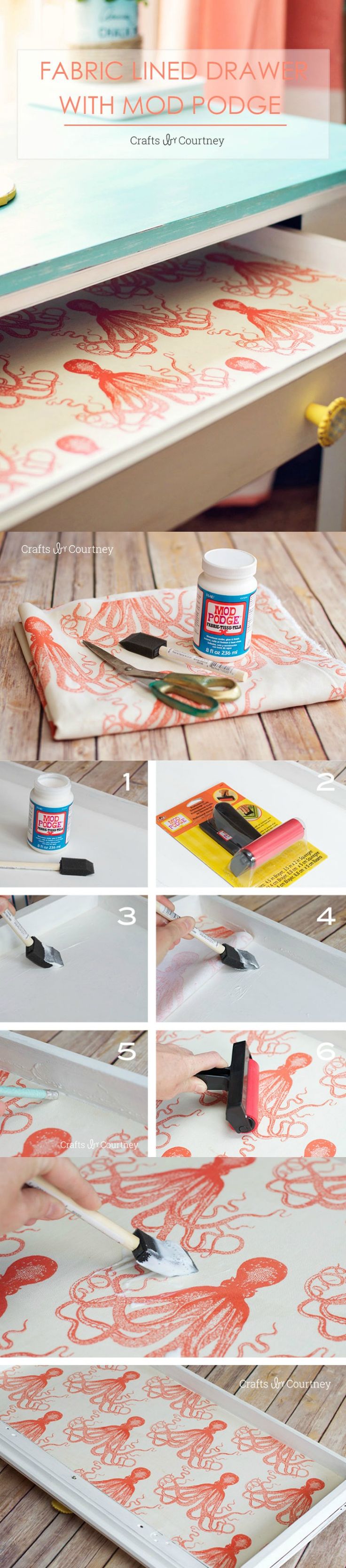Use Mod Podge and your favorite fabric pattern to create these unique fabric lin...