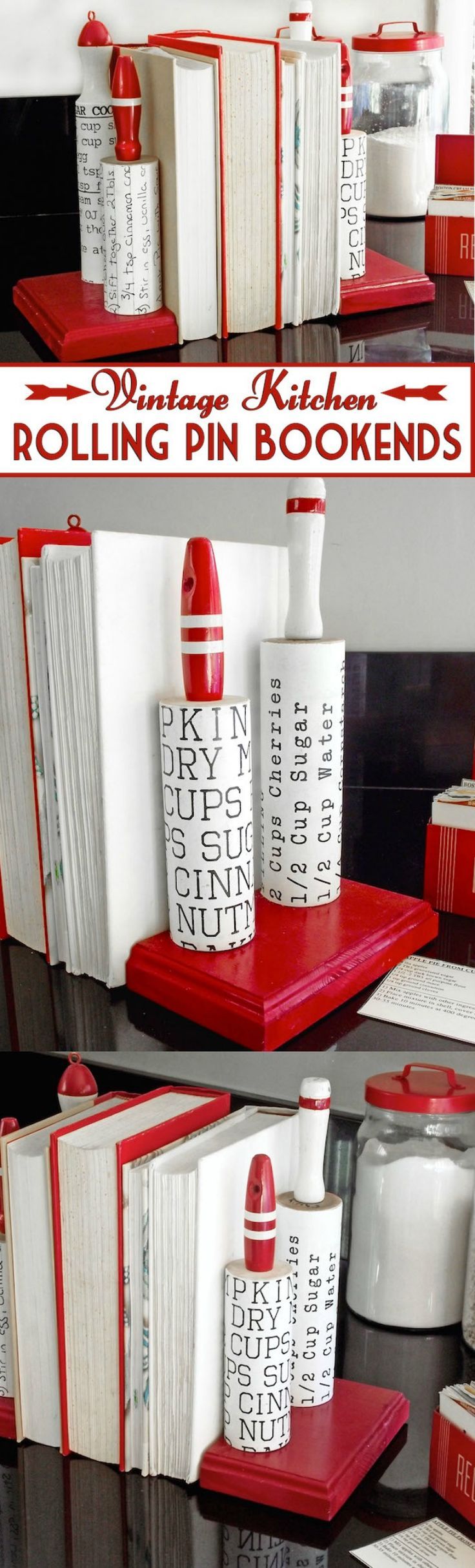 Use rolling pins to make vintage inspired bookends for your kitchen. Very easy p...