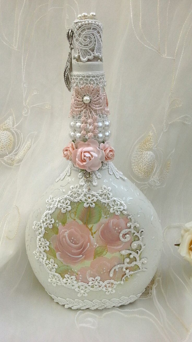 Shabby chic bottle, altered bottle with hand painted roses, pretty lace, pearl d...