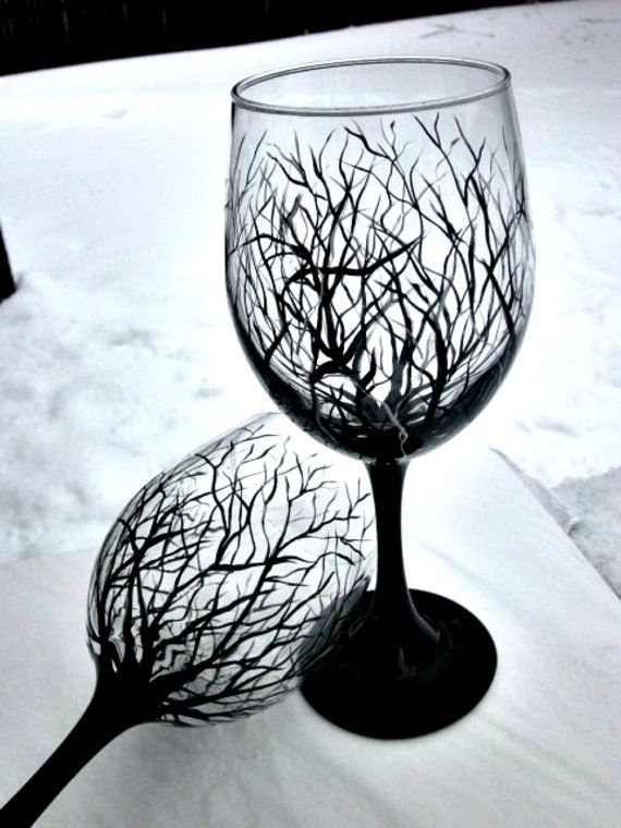 Wine Glasses,  Hand Painted Wine Glass Trees, Pair of Wine Glasses 18 oz