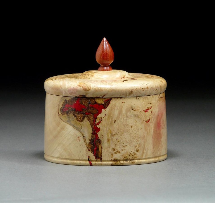 Boxelder burl keepsake box with red inlay and bloodwood pull by Ray Asselin