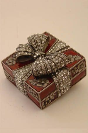 Faberge Style, box with bow.; silver, enamel and diamonds.