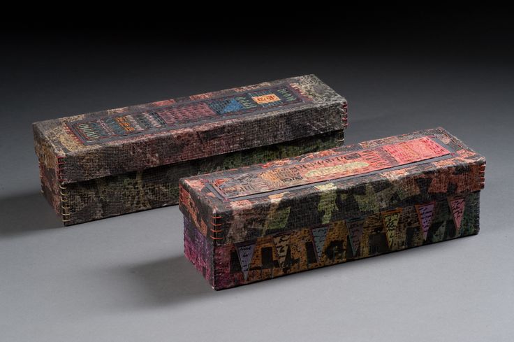 Handmade Paper Boxes, wax resist, collage and stitching ©Claudia Lee