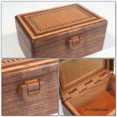 Wooden latch, wooden hinge and wooden box with inlaid herringbone, Cherry, red O...