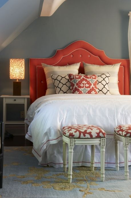 Beautiful red gray blue bedroom design with blue & gray walls paint color, red v...