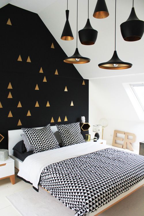 black + white + gold bedroom