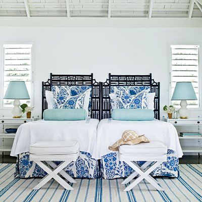 Blue and white guest room