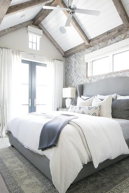 Gray Herringbone Tile Accent Wall, Transitional, Bedroom