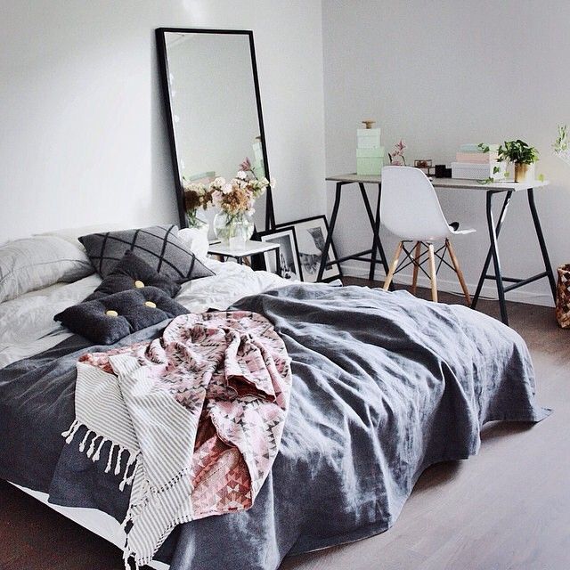 Grey, pink, and white bedroom