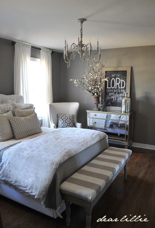 grey white master bedroom - Decor It Darling, super cute bench