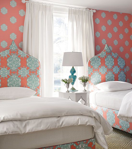 Ivana Wallpaper and Jakarta Printed Fabric in Coral & Turquoise from the Shangri...